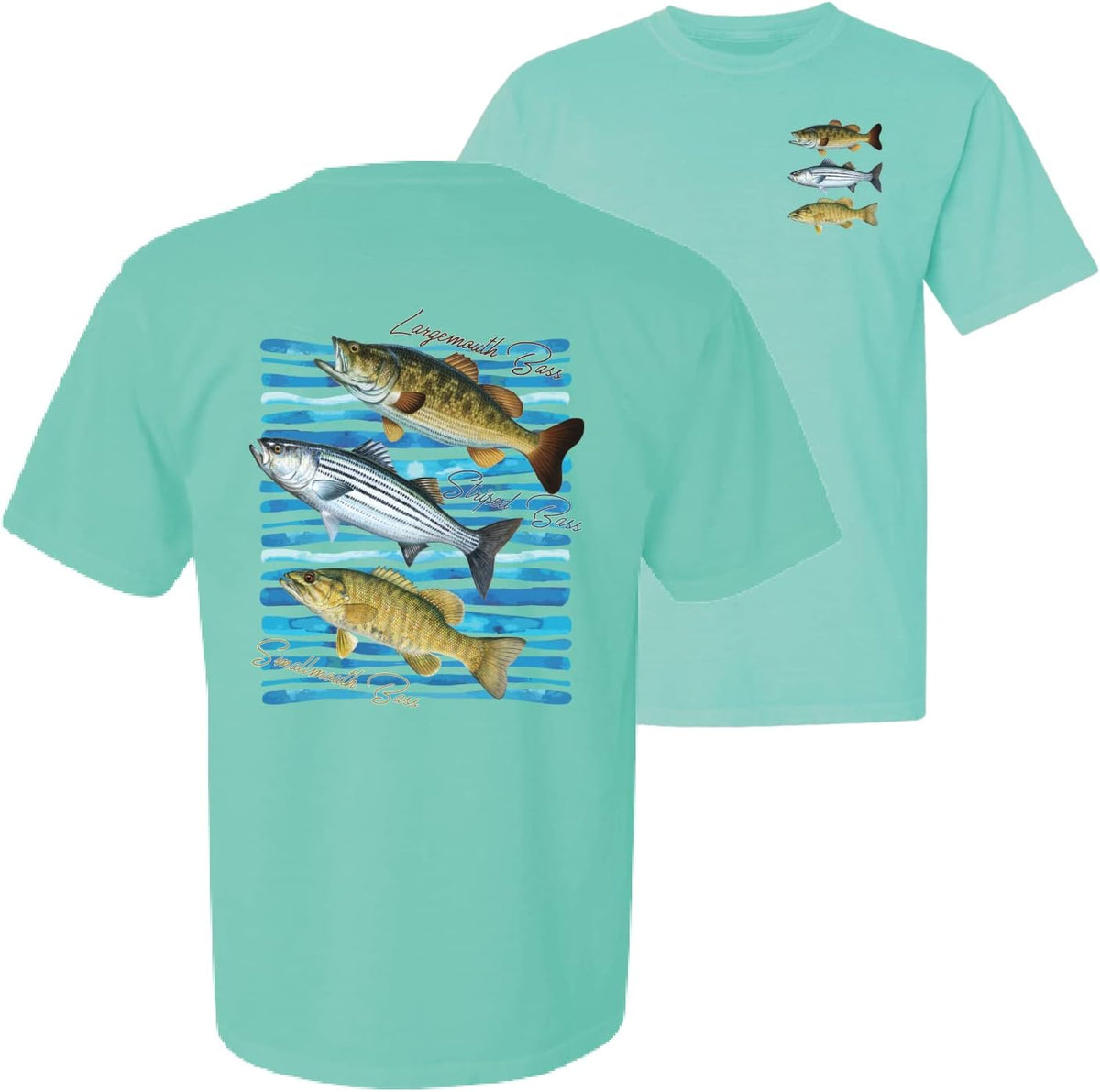 Largemouth Striped Smallmouth Big Bass Fish Fishing Garment-Dyed Washed Look Short Sleeve T-Shirt - Mint