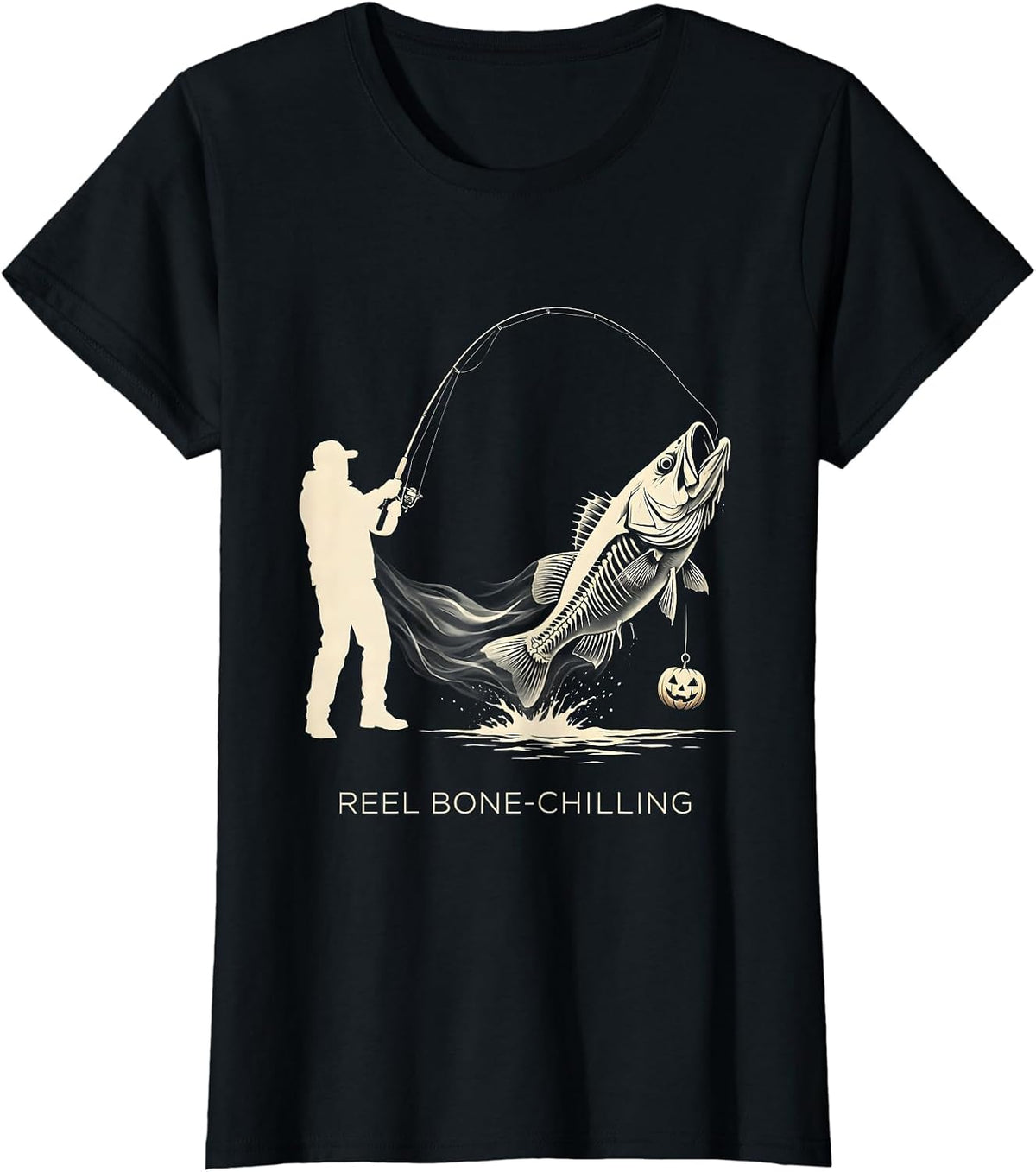 Women's Reel Bone-Chilling Silhouette Halloween Skeleton Fishing T-Shirt - Black