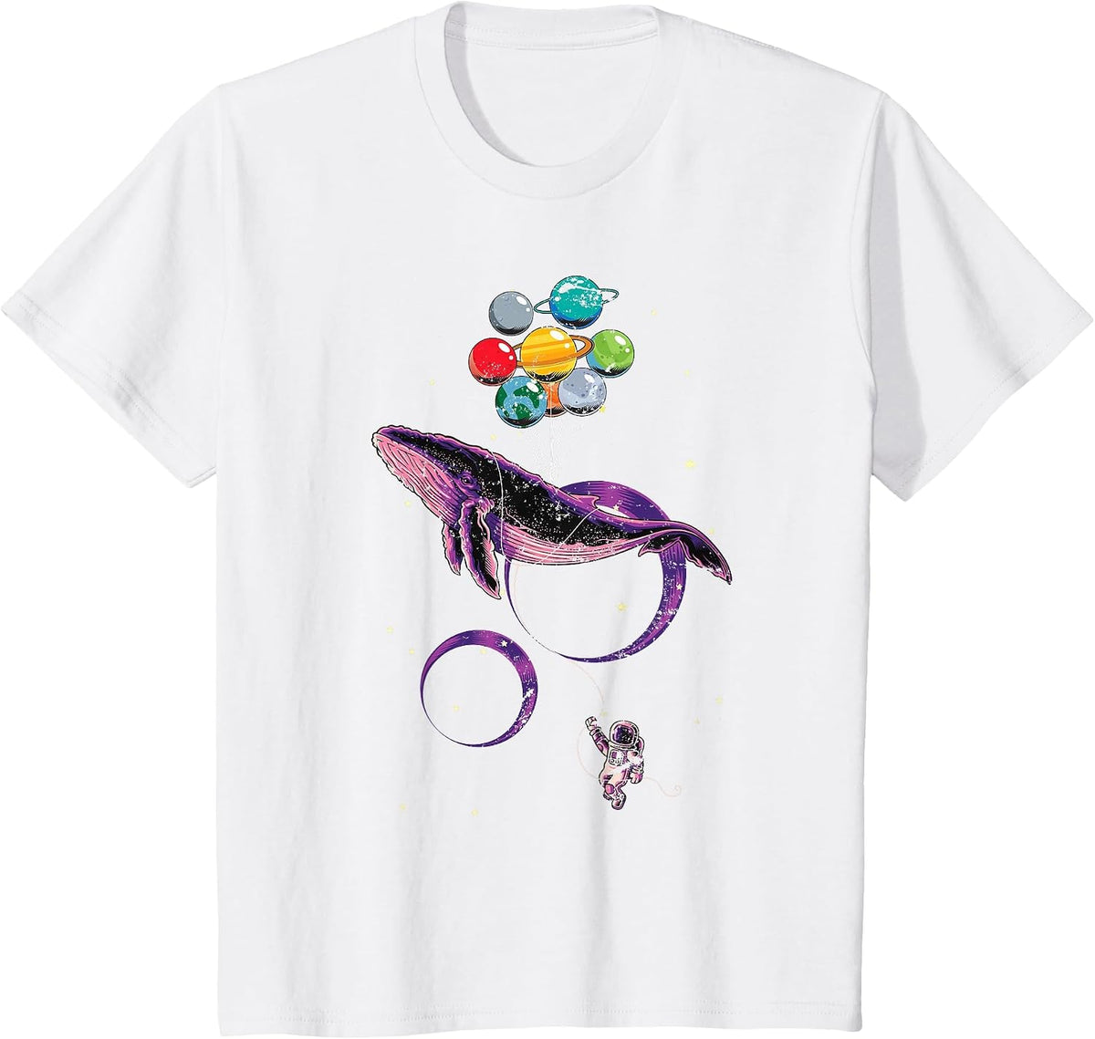 Solar System Planets Balloon Blue Whale Space Astronaut T-Shirt - White