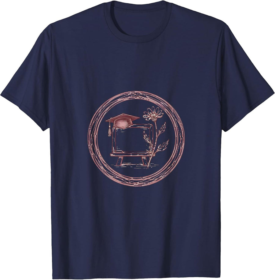 Elementary Teacher Graduation Cap Chalkboard Design T-Shirt - Navy Blue