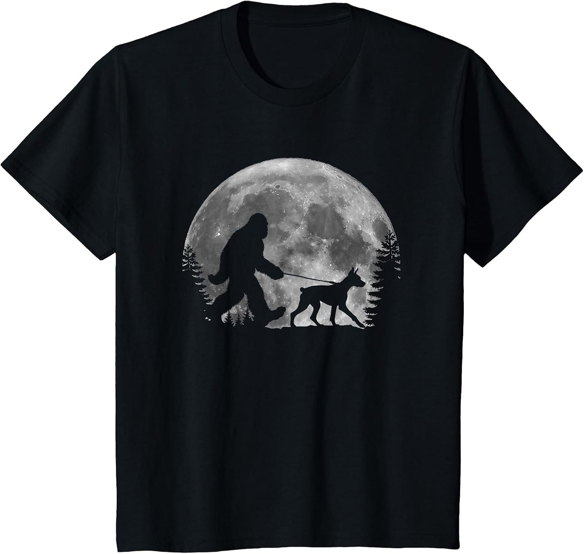 Bigfoot Walking a Dog Funny Doberman Pinscher Moon Halloween T-Shirt - Black