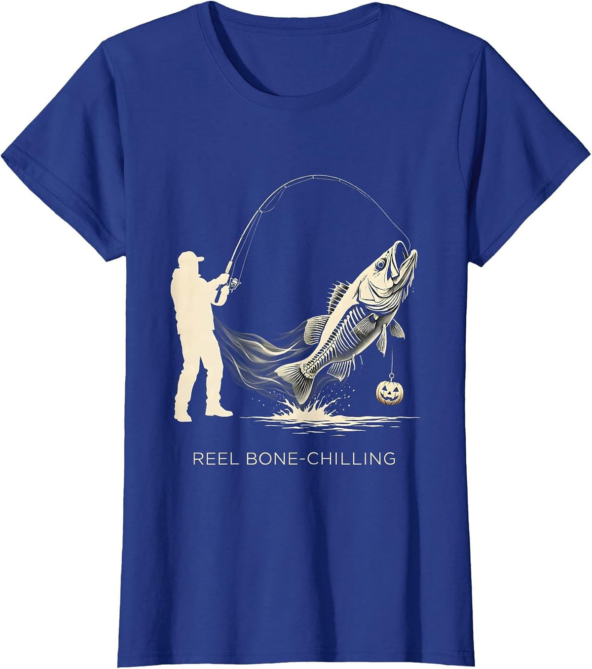 Women's Reel Bone-Chilling Silhouette Halloween Skeleton Fishing T-Shirt - Royal Blue