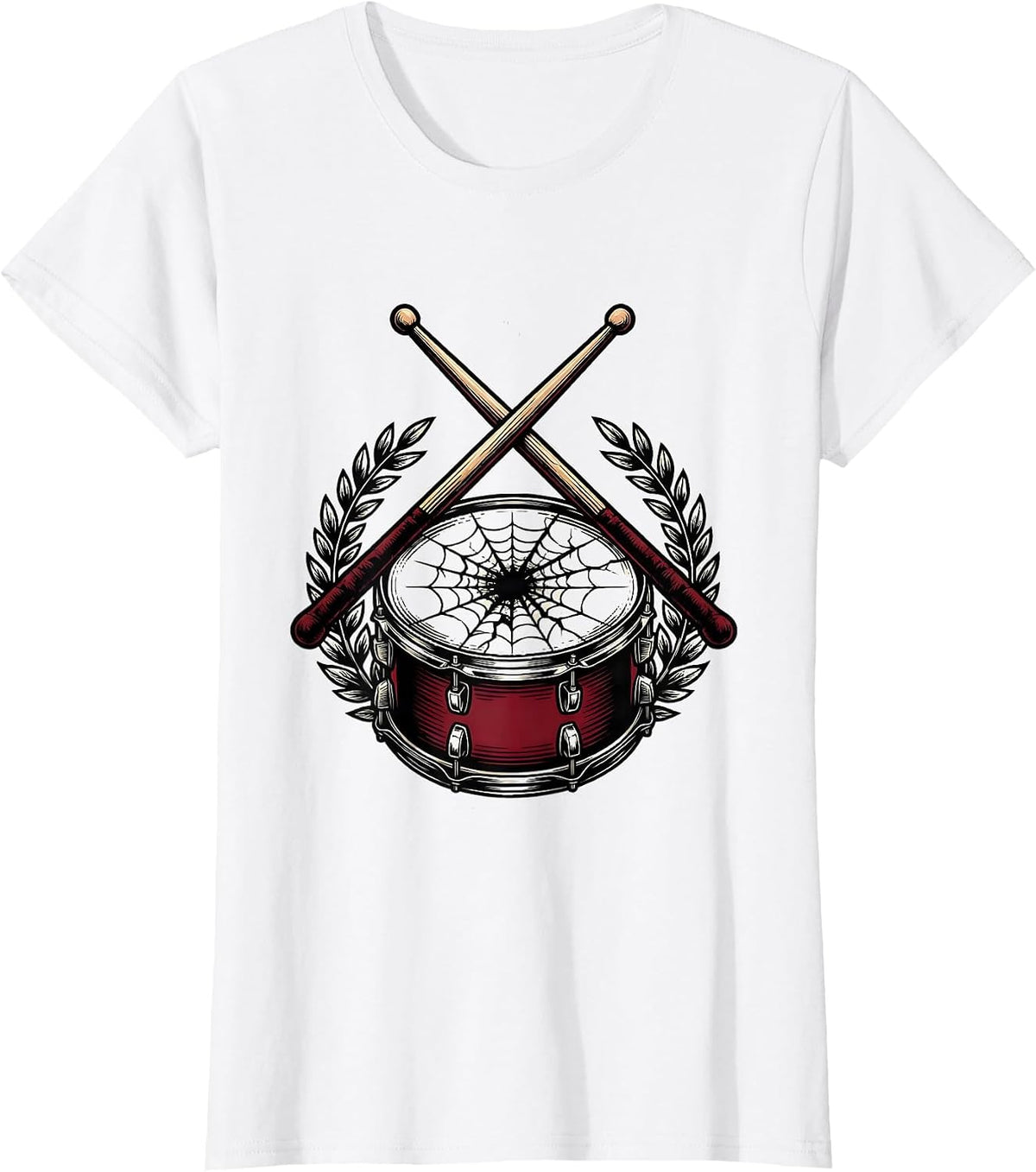 Women's Crossed Drumsticks Cracked Snare Drum Illustration T-Shirt - White