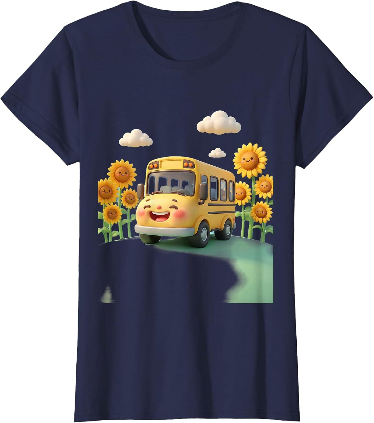 Women's Elementary Teacher School Bus Sunflower Field T-Shirt - Navy Blue