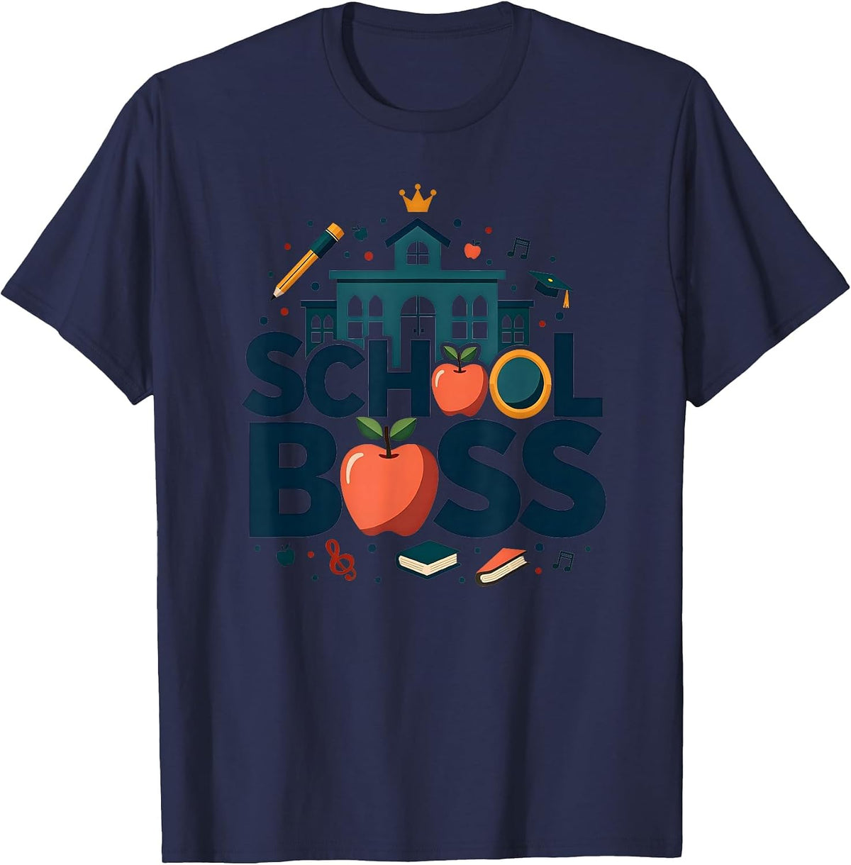 School Boss Principal Leadership Education Apple Crown T-Shirt - Navy Blue