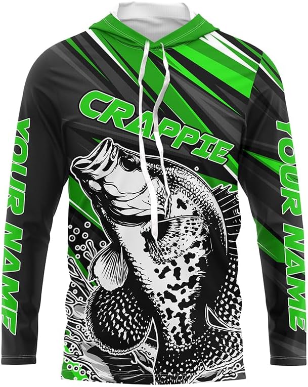 Personalized Crappie Fishing Jerseys, Crappie Long Sleeve Tournament Fishing Shirts | Green Color - Long Sleeves Hooded Upf