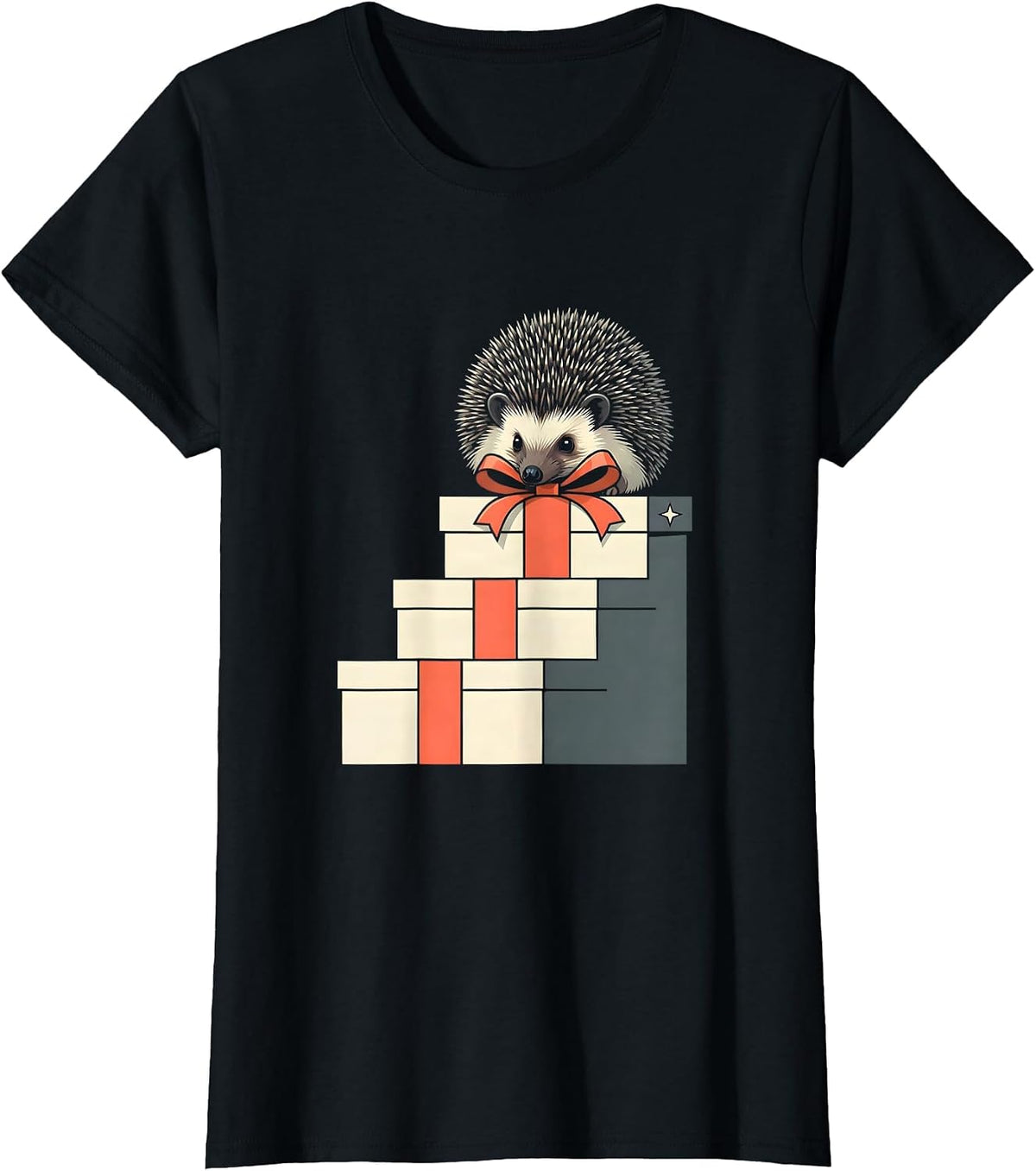 Women's Hedgehog Curled Gift Boxes Cute Christmas Novelty T-Shirt - Black