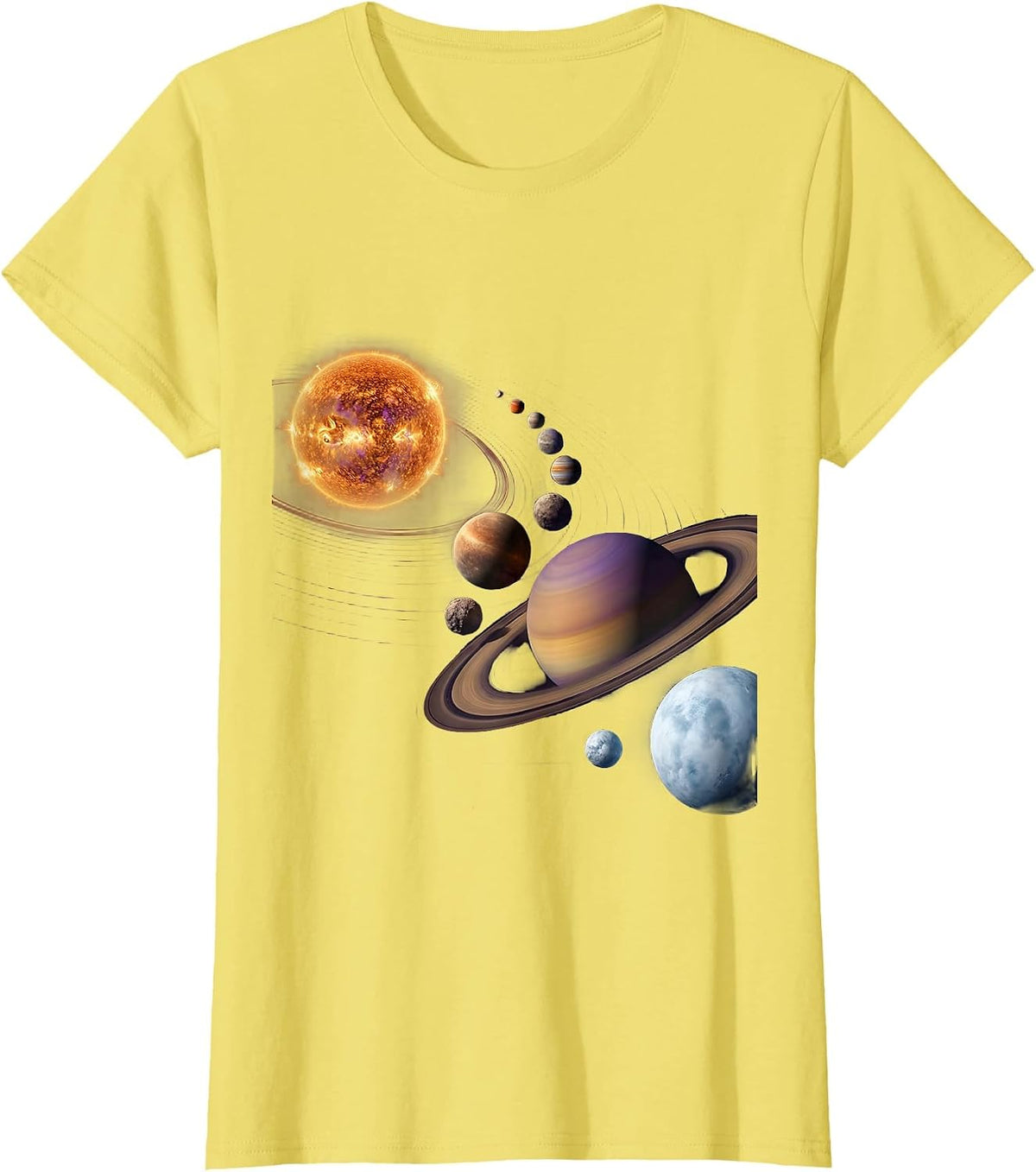 Women's Glowing Solar System Planets Aligned Space Art T-Shirt - Lemon Yellow