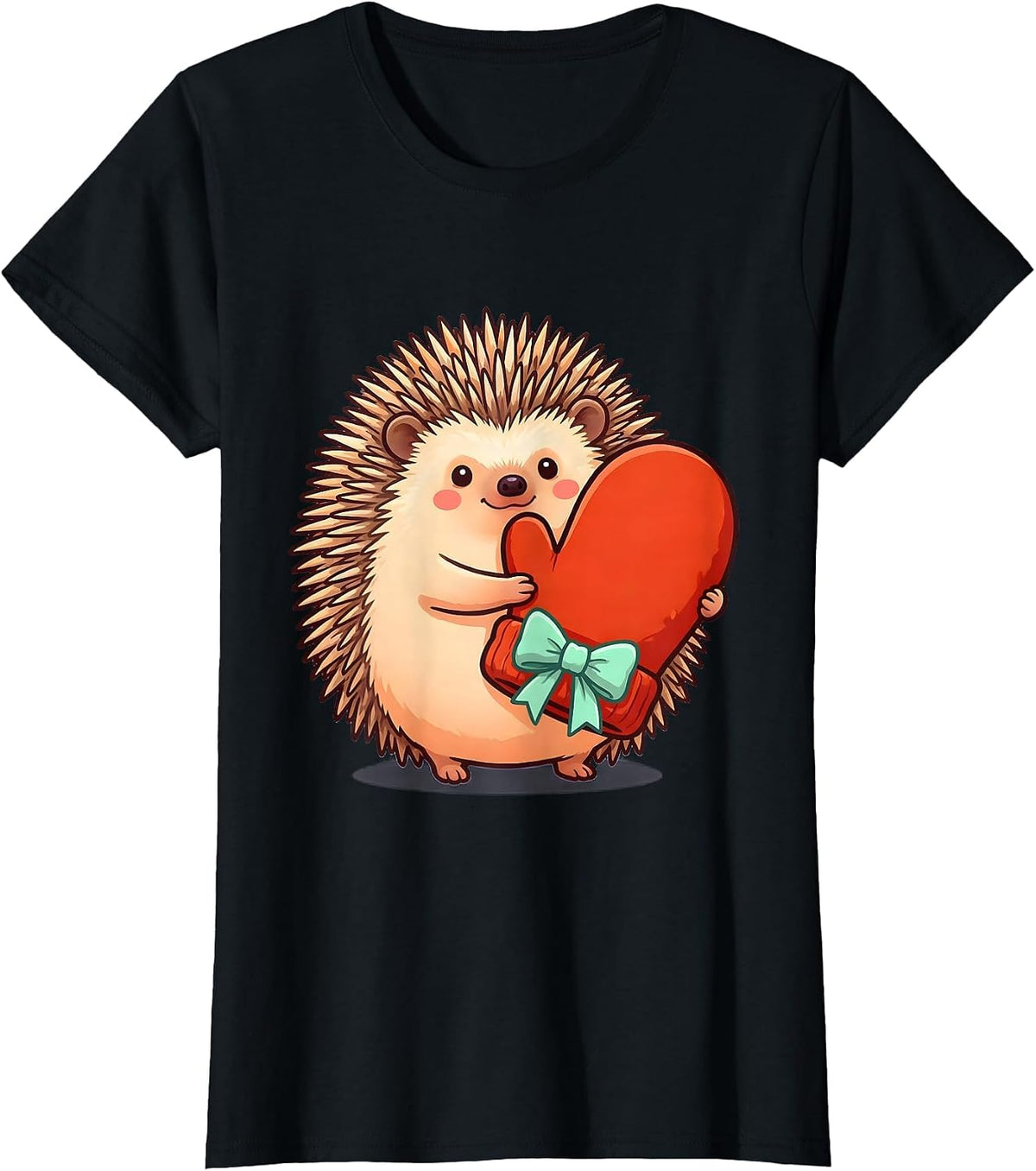 Hedgehog Hugging Christmas Mitten Cute Kawaii Animal Lover T-Shirt - Black