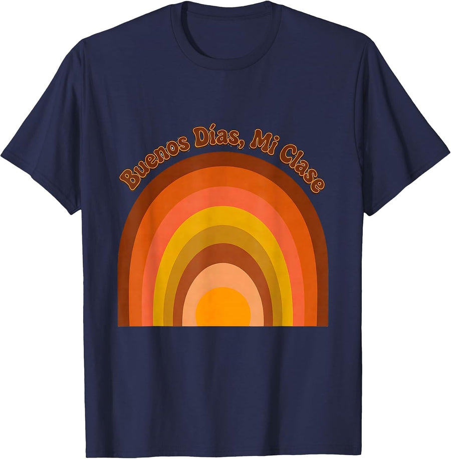 Buenos Días Mi Clase Retro 70s Spanish Teacher Back T-Shirt - Navy Blue