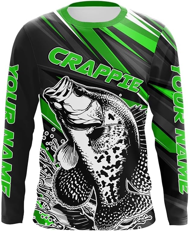 Personalized Crappie Fishing Jerseys, Crappie Long Sleeve Tournament Fishing Shirts | Green Color - Long Sleeves Upf