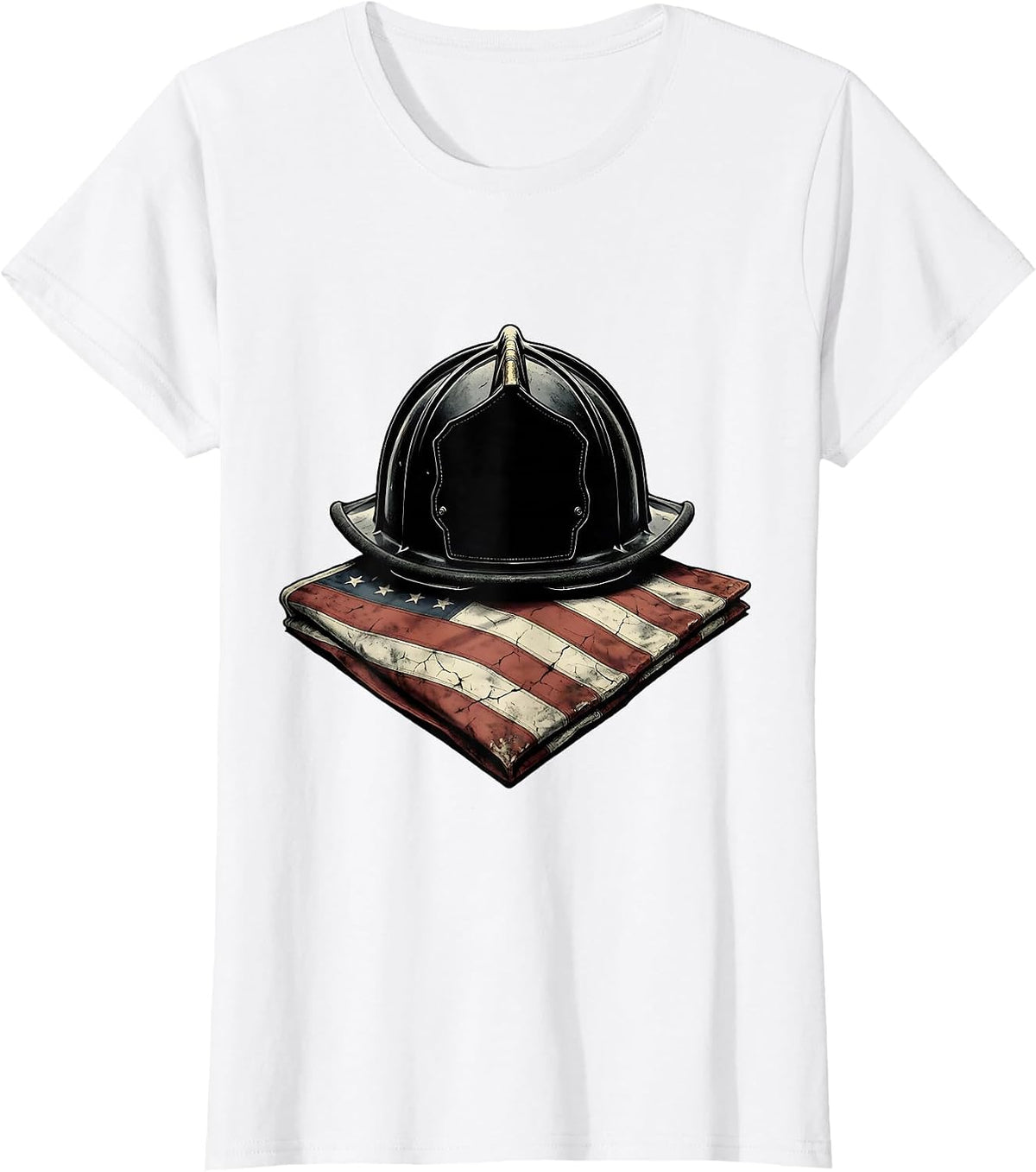 Sept 11 Memorial Firefighter Helmet Folded Flag T-Shirt - White