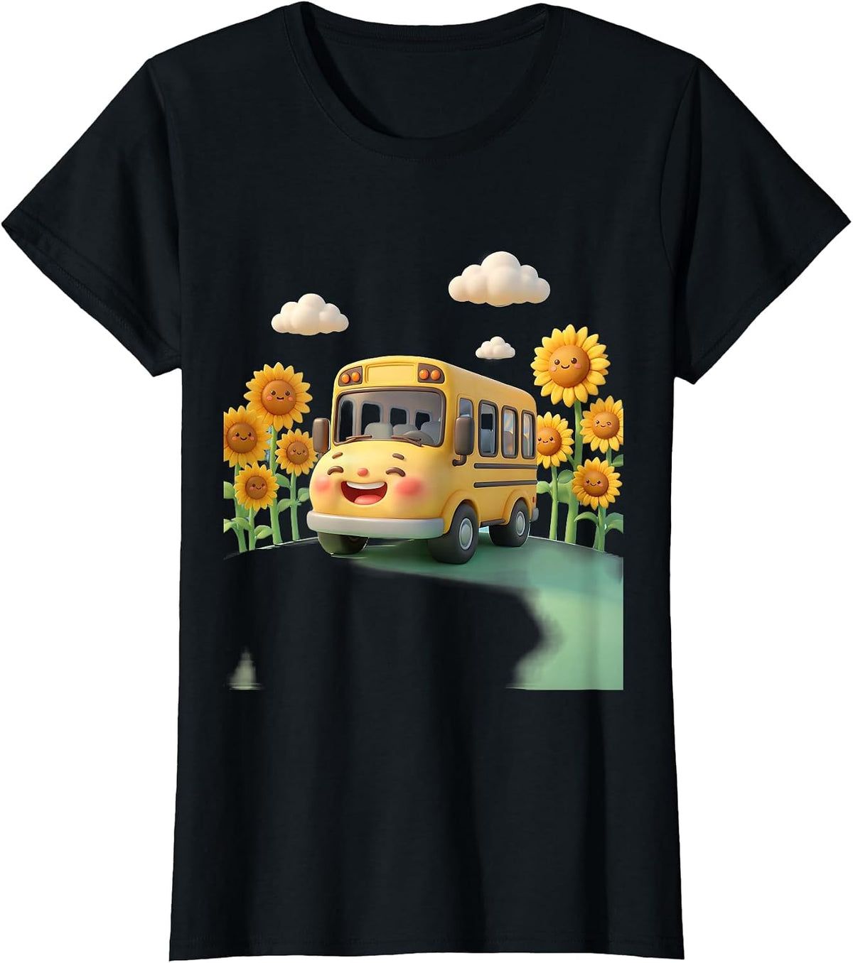Women's Elementary Teacher School Bus Sunflower Field T-Shirt - Black