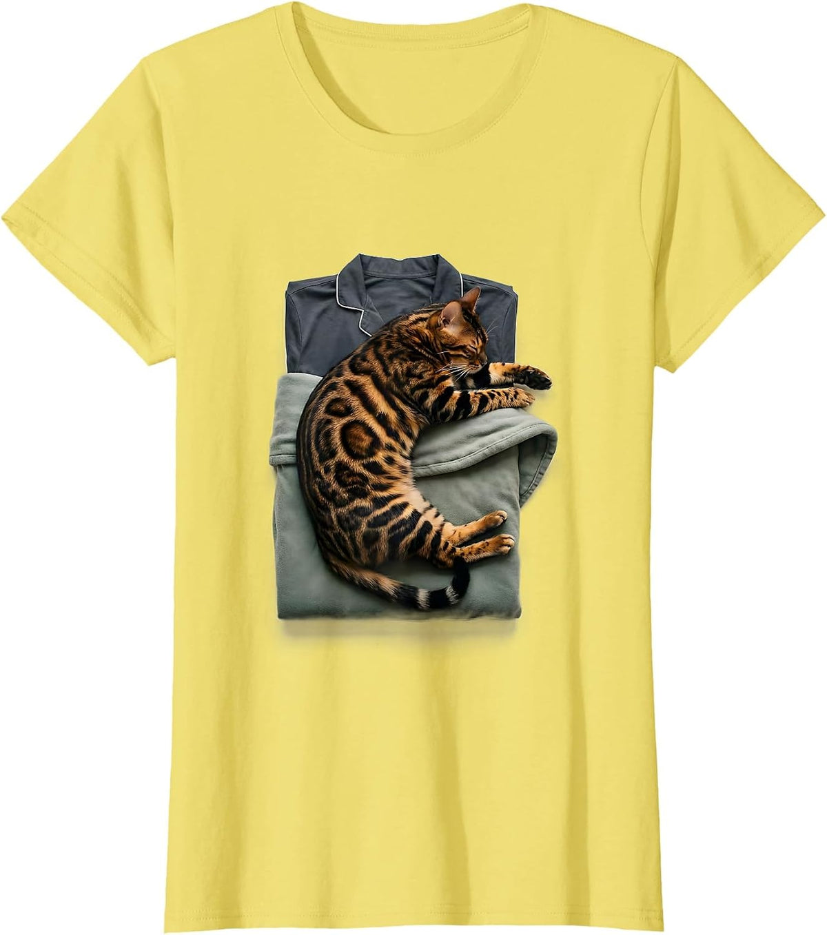 Women's Sleeping Bengal Cat Minimalist Pet Owner Pajama Humor T-Shirt - Lemon Yellow