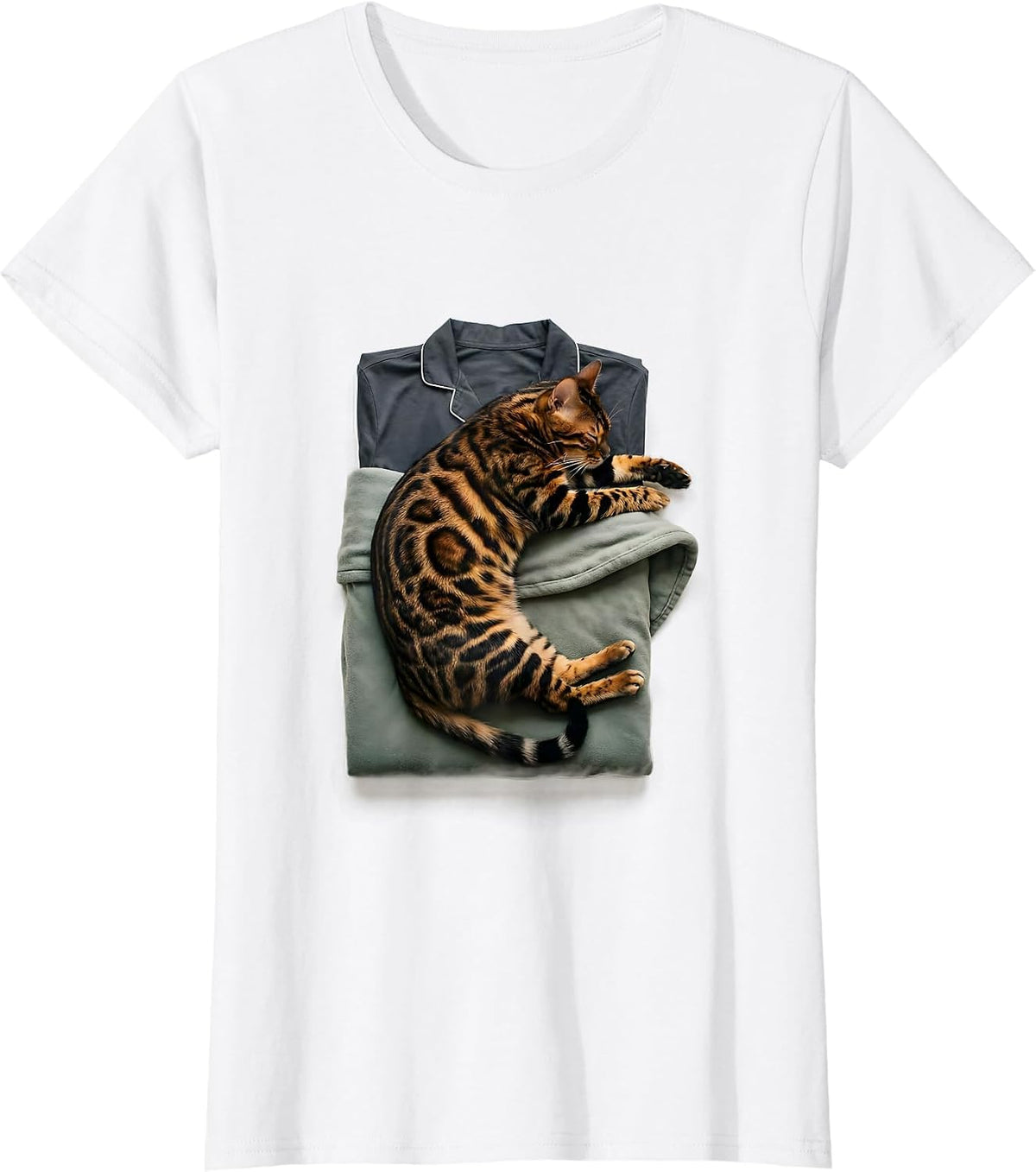 Women's Sleeping Bengal Cat Minimalist Pet Owner Pajama Humor T-Shirt - White