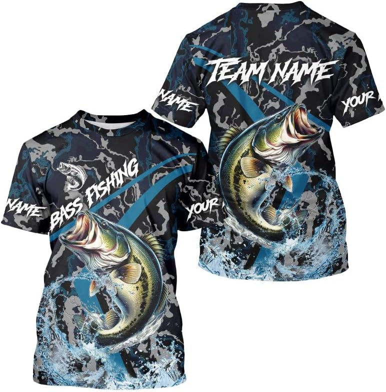 Custom Largemouth Bass Fishing Camo Long Sleeve Fishing Shirts for Men and Kids, Personalized Bass Fishing Team Jerseys -