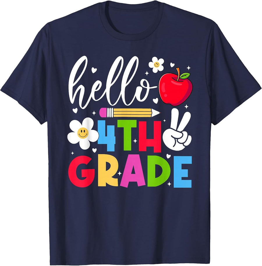 Back to School Hello Fourth Grade Team 4th Grade Boy Girl T-Shirt - Navy Blue