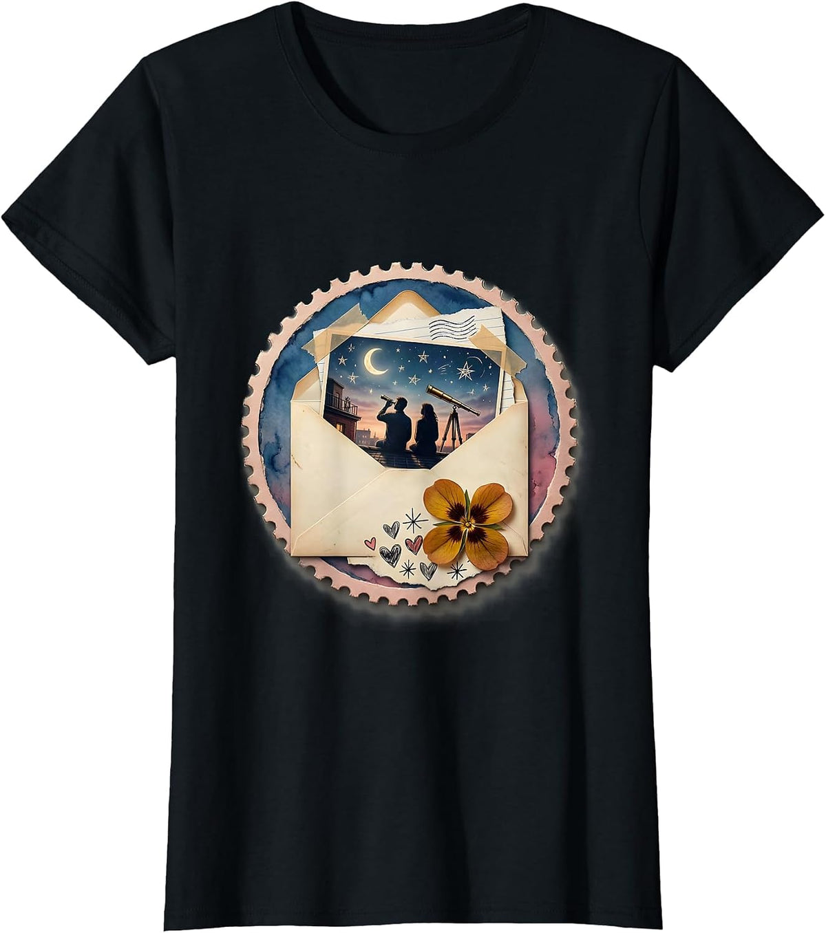 Rooftop Stargazing Couple Telescope Night Sky T-Shirt - Black