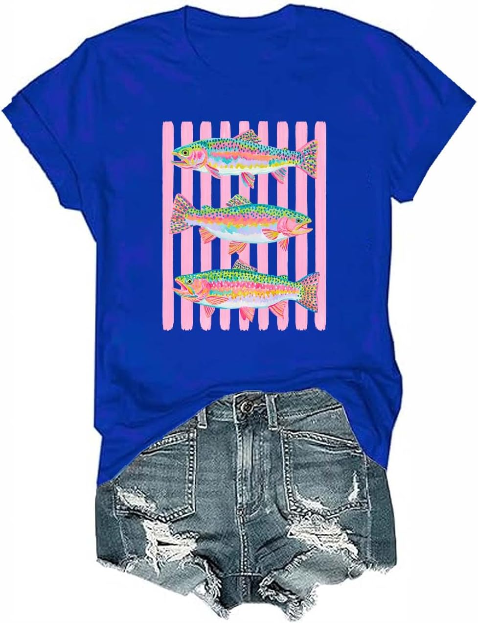 Rainbow Trout Fishing Shirt Colorful Fish Angler Graphic Tee - Crewneck Royal Blue