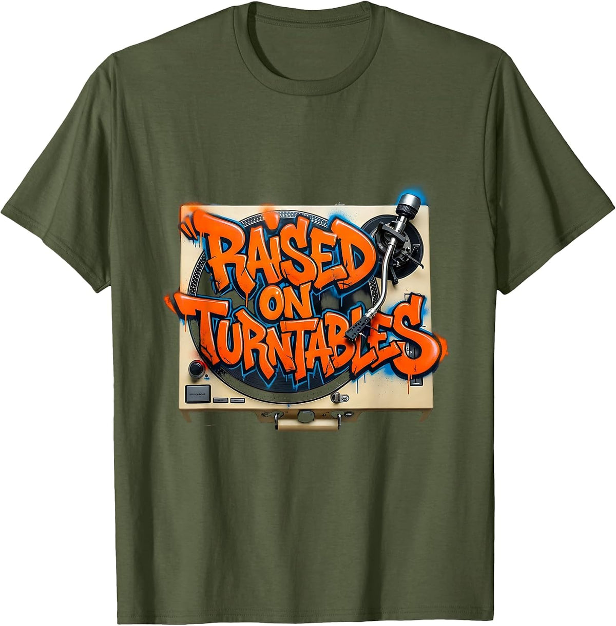 Raised On Turntables Graffiti 90s Hip-Hop Rap Lyric T-Shirt - Olive Green