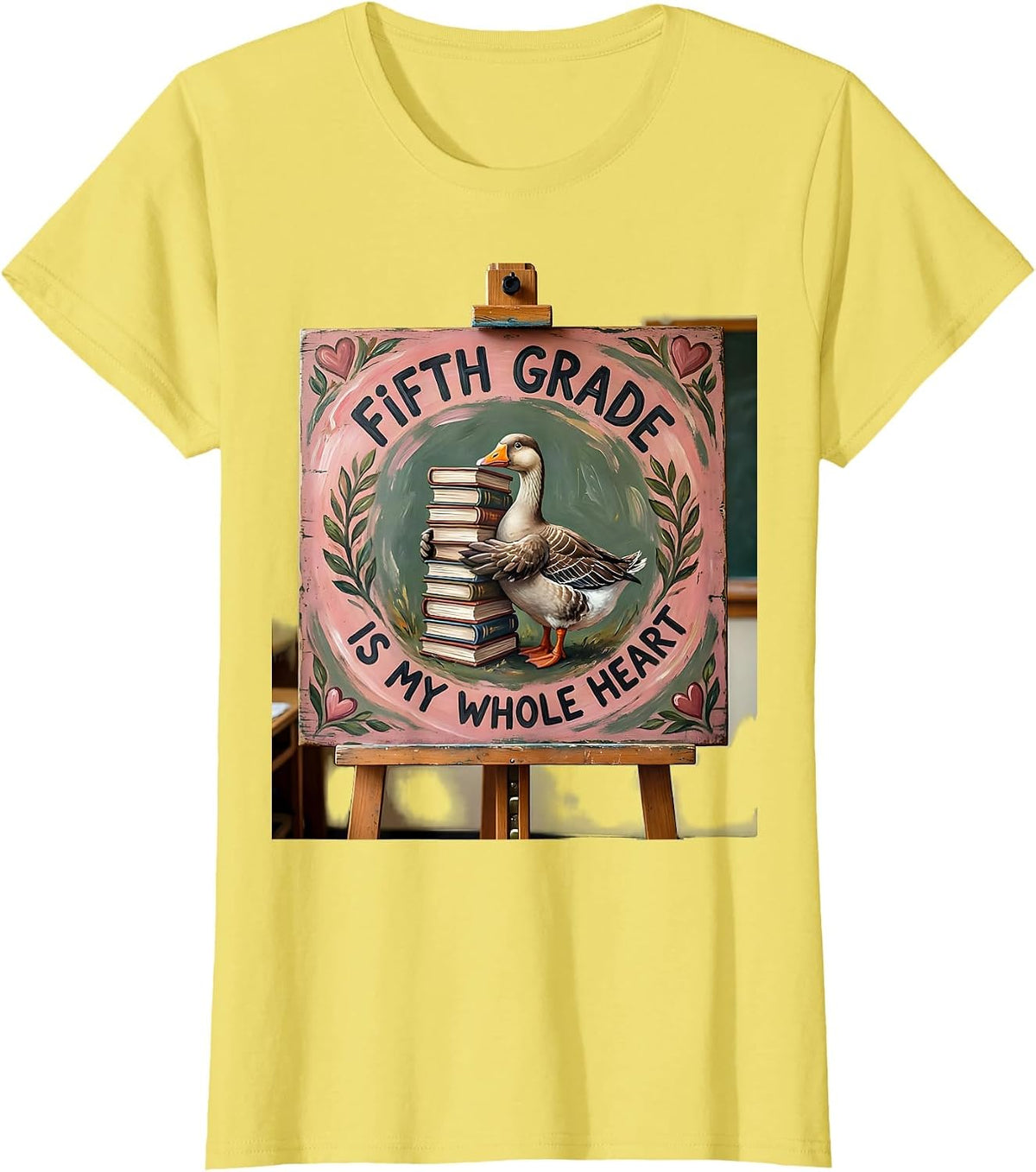 Fifth Grade Is My Whole Heart Cute Goose Teacher Folk Art T-Shirt - Lemon Yellow