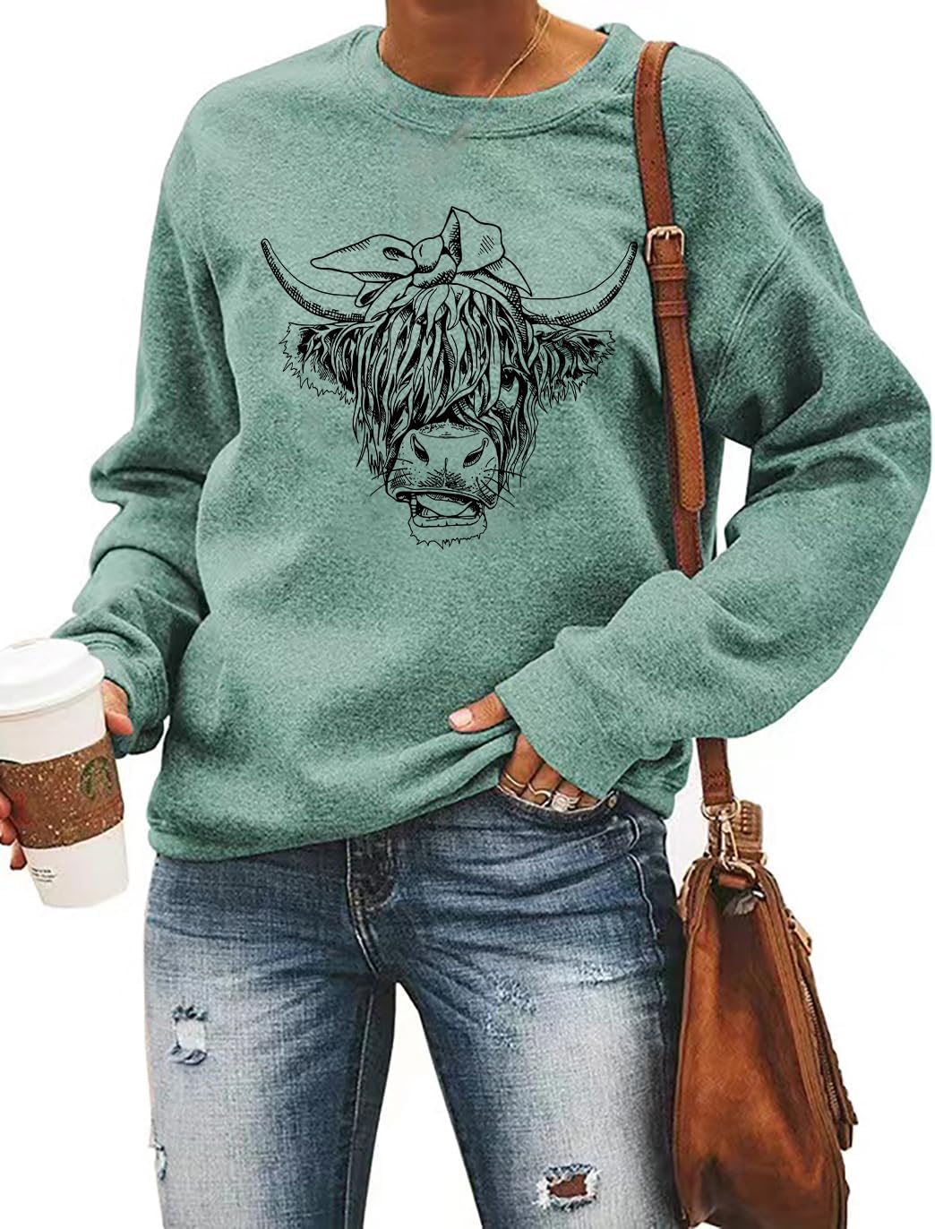 Women Cow Sweatshirt Western Cowgirl Farm Life Graphic Long Sleeve Tops - Green2