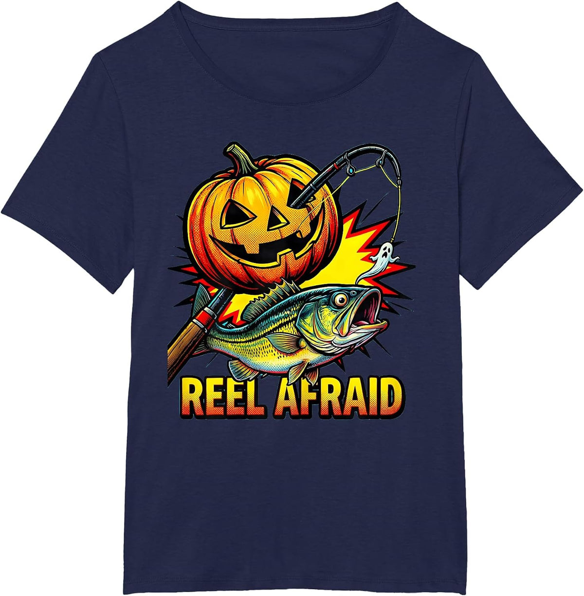 Women's Reel Afraid Pop Art Halloween Fishing Spooky Season T-Shirt - Navy Blue