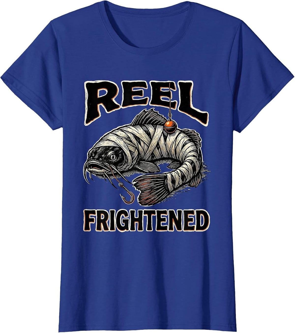 Women's Reel Frightened Linocut Halloween Skeleton Fishing Humor T-Shirt - Royal Blue