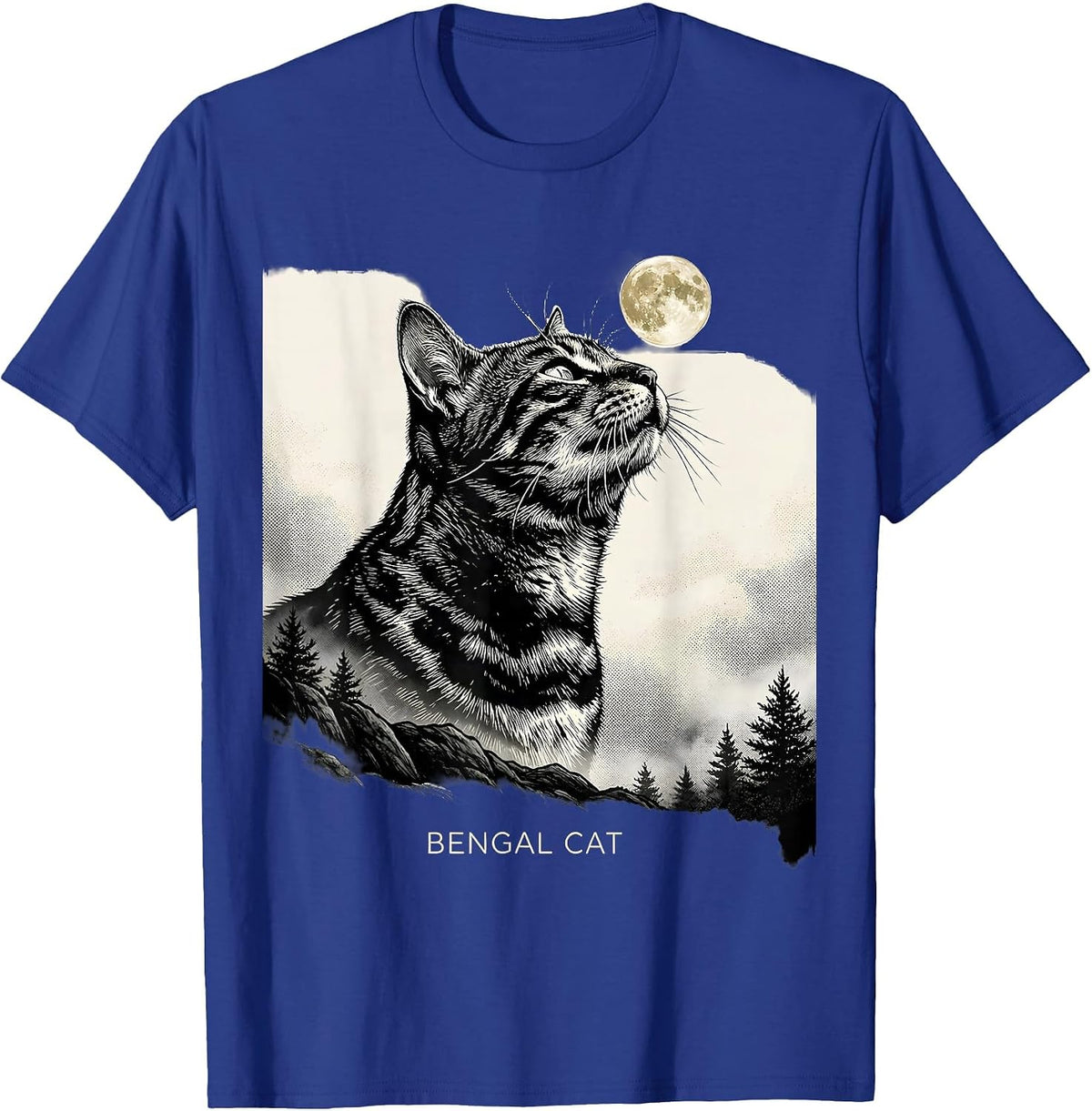 Men's Bengal Cat Howling at Moon Retro Fantasy Novelty T-Shirt - Royal Blue