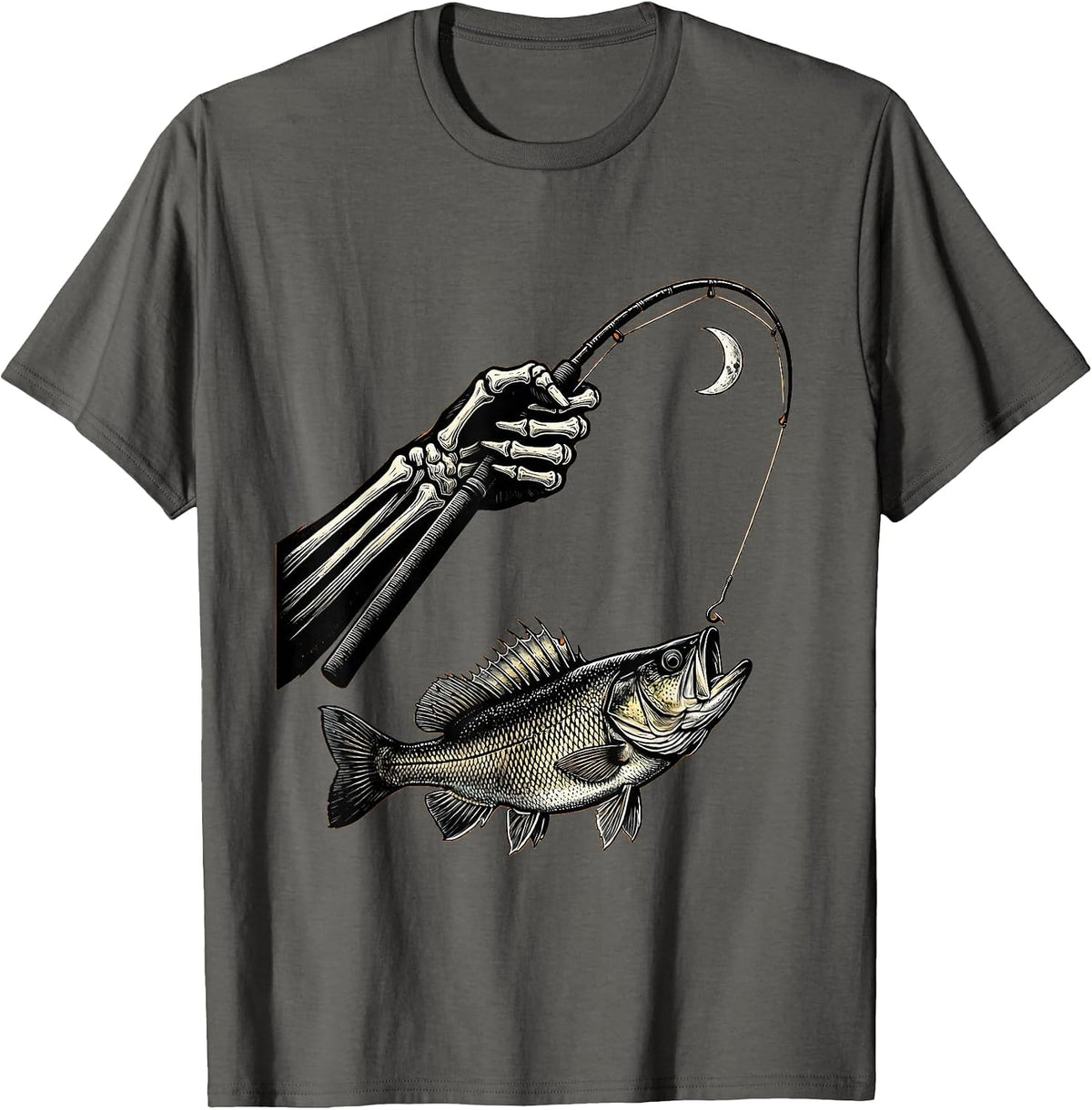 Men's Skeletal Forearm Fishing Halloween Spooky Angler Humor T-Shirt - Asphalt Grey