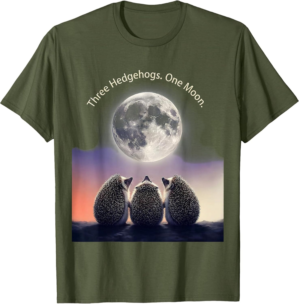 Men's Three Hedgehogs One Moon Funny Hedgehog Meme Pet Lover Humor T-Shirt - Olive Green
