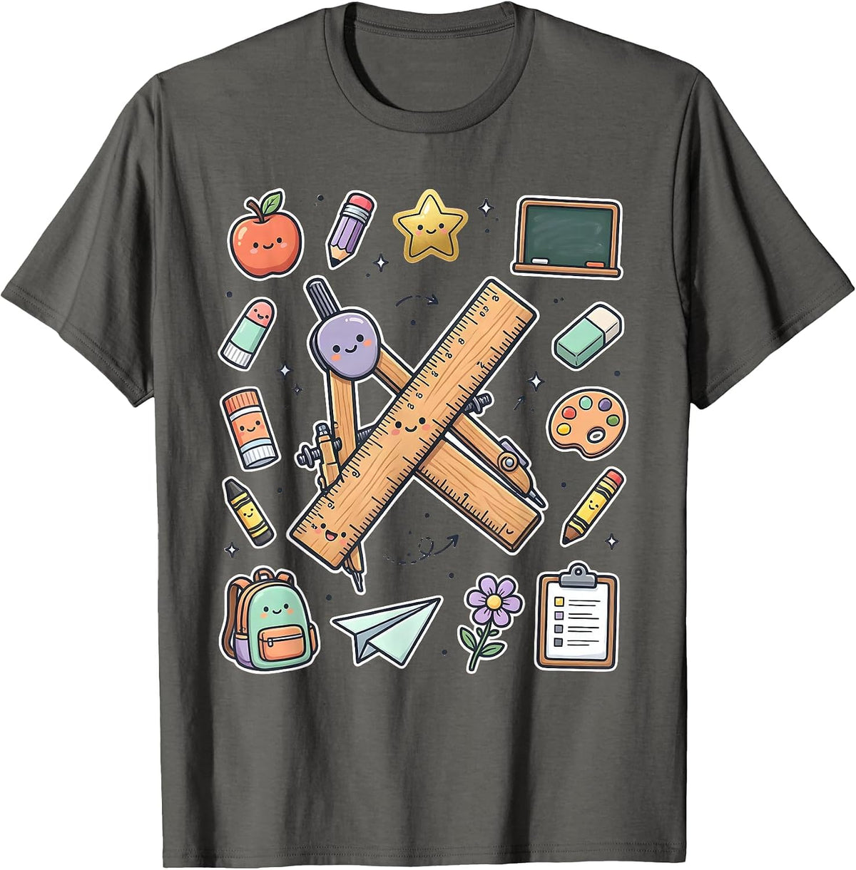 4th Grade Teacher Ruler Compass Crossed Design T-Shirt - Asphalt Grey