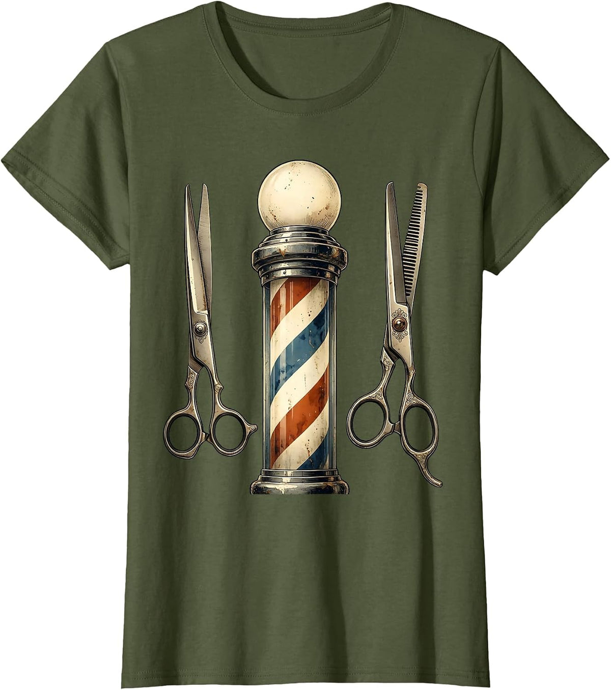 Women's Vintage Barber Pole and Scissors Illustration T-Shirt - Olive Green