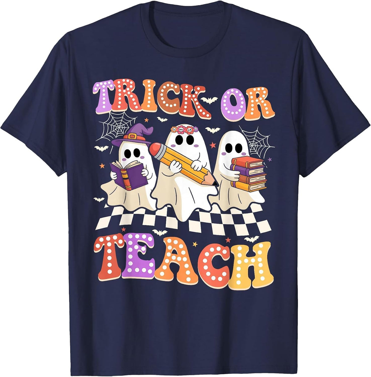 Halloween Groovy Retro Trick Or Teach Teacher Ghost Boo T-Shirt - Navy Blue