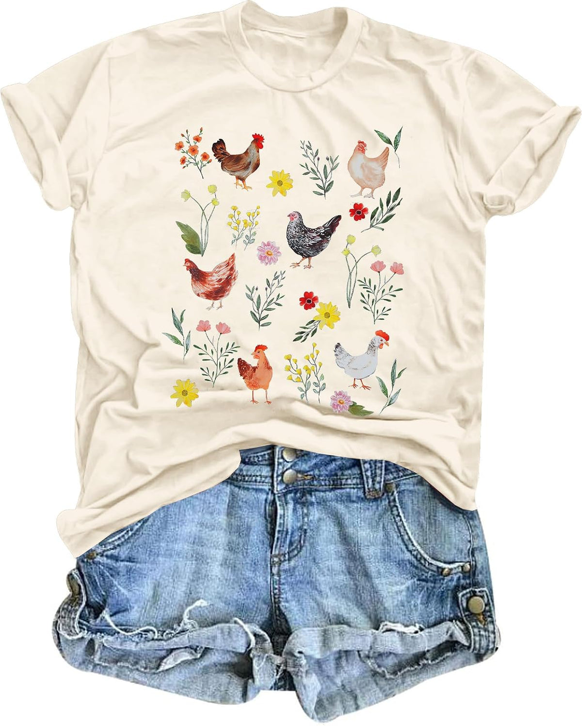 Chicken Shirt Women Wildflower Chicken Shirt Cute Chicken Mom T-Shirt Farm Country Casual Tee Tops - Apricot