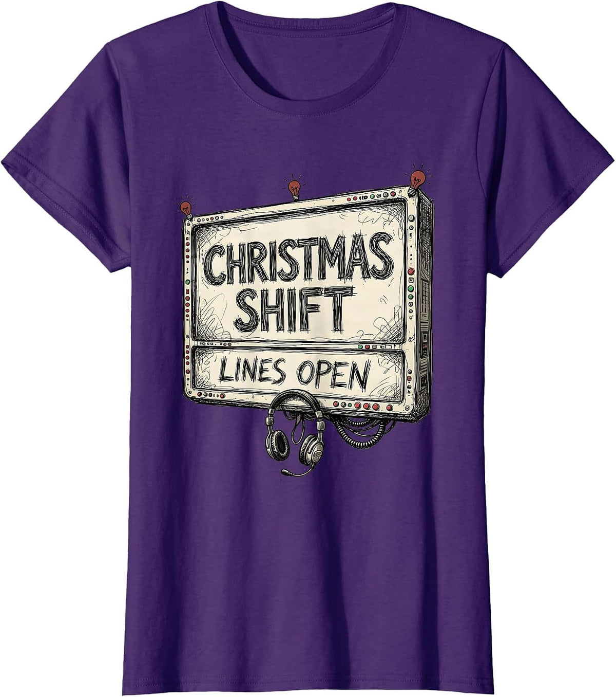 Women's Christmas Shift Lines Open Funny 911 Dispatcher Christmas T-Shirt - Purple