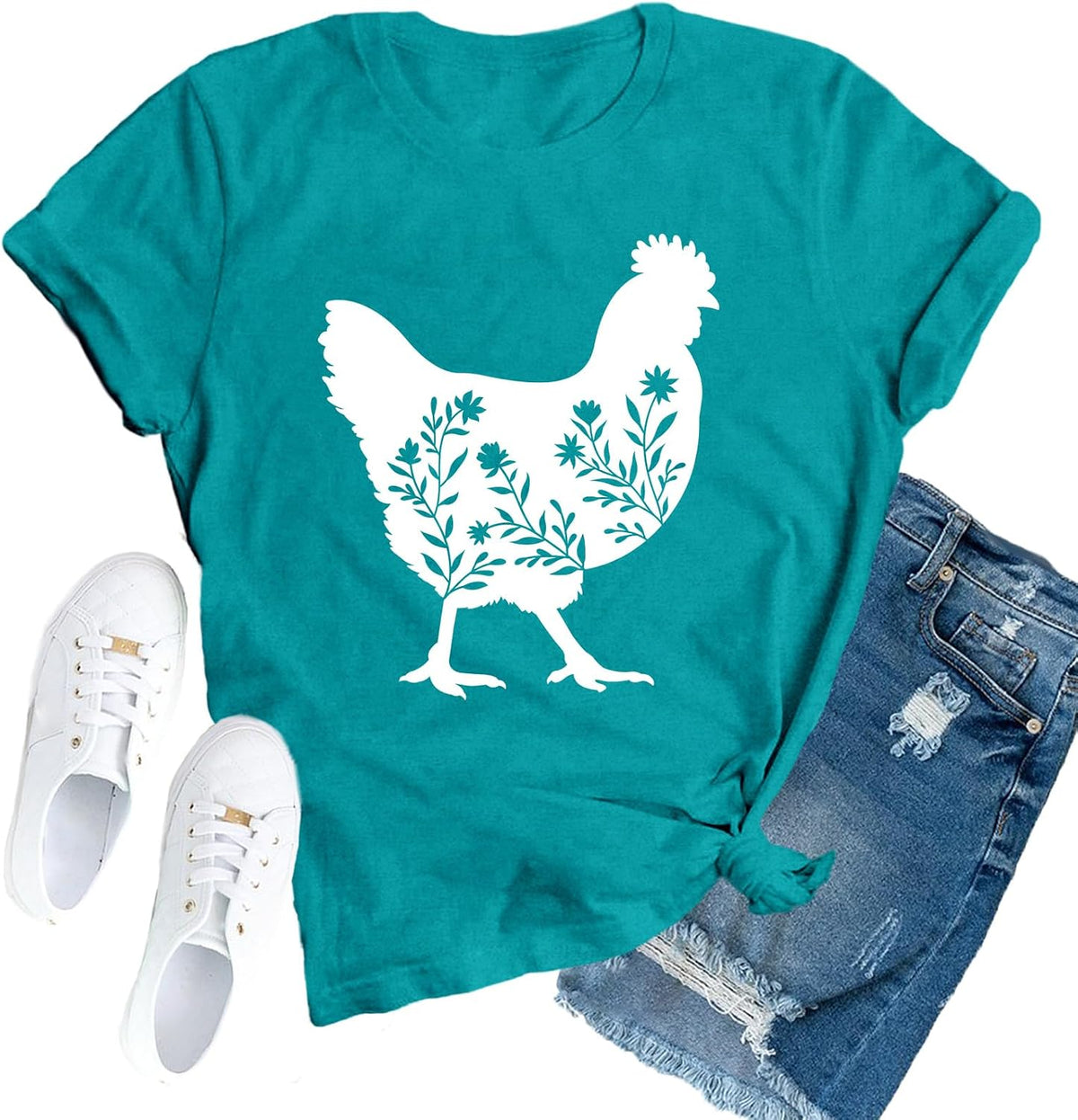 Chicken Shirt for Women Chicken Mom T-Shirt Chick Floral Top - Cyan