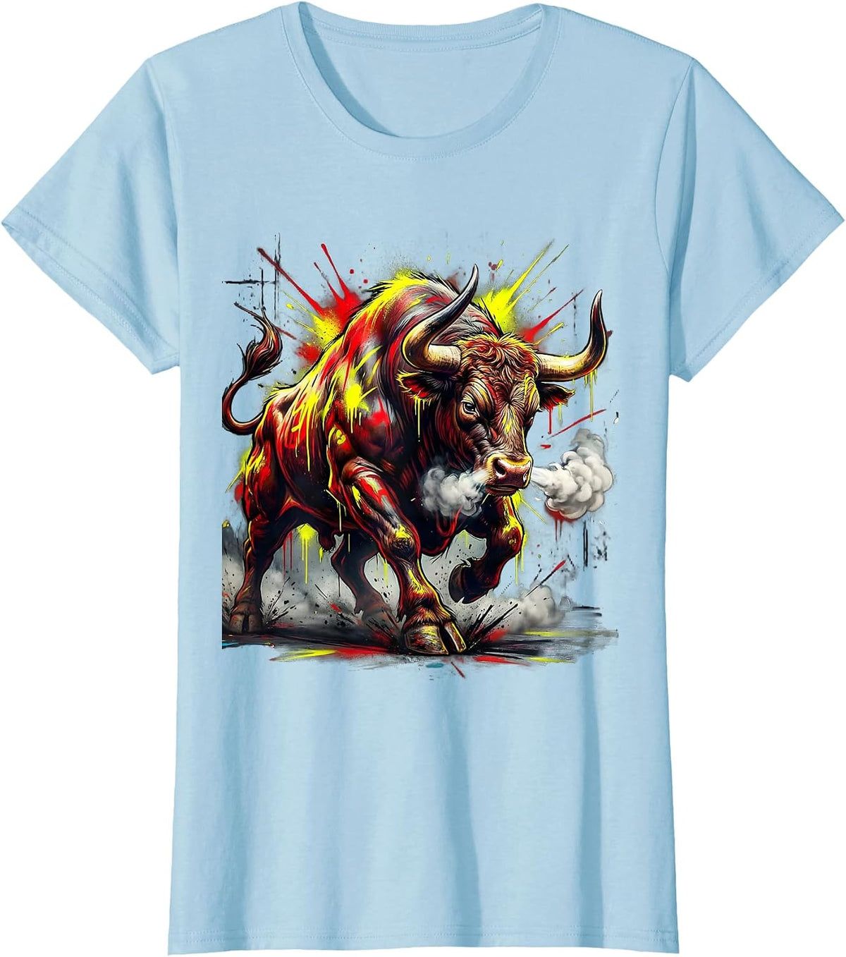 Angry Charging Bull with Steam Snorting Graphic T-Shirt - Baby Blue