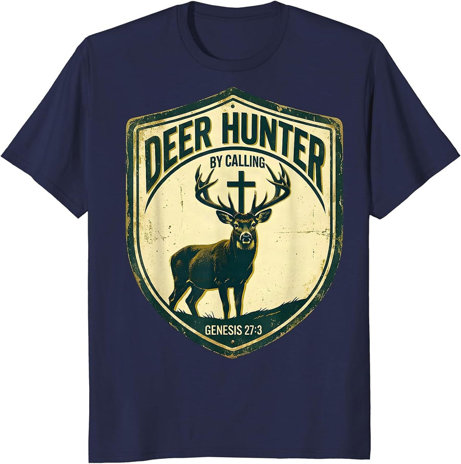 Deer Hunter By Calling Genesis 27:3 Vintage Christian Hunter T-Shirt - Navy Blue