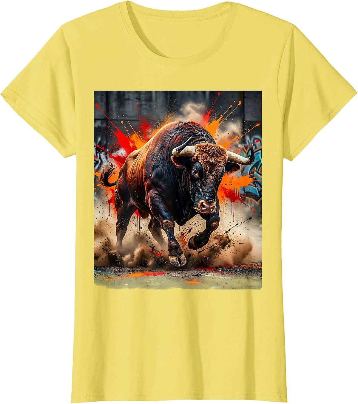 Charging Bull Dust Cloud Graphic Design T-Shirt - Lemon Yellow