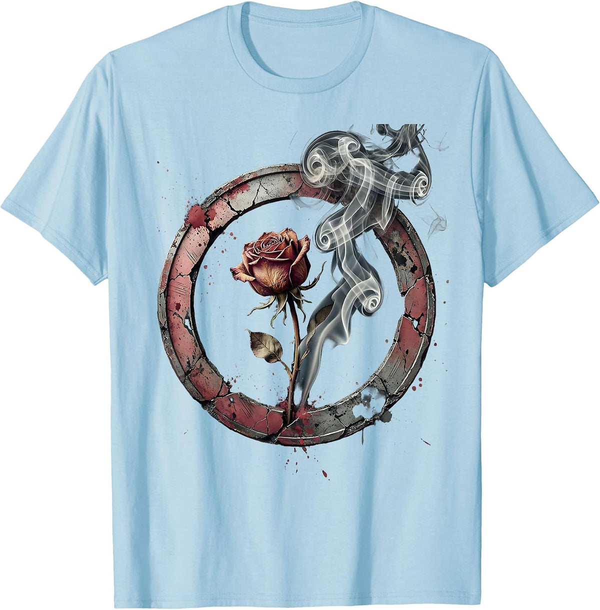 Wilting Rose Black Smoke Emo Gothic Design T-Shirt - Baby Blue