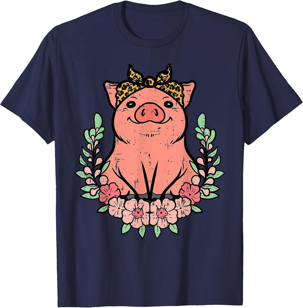 Pig Leopard Bandana Hog Farm Animal Mom Women Girls Kids T-Shirt - Navy Blue