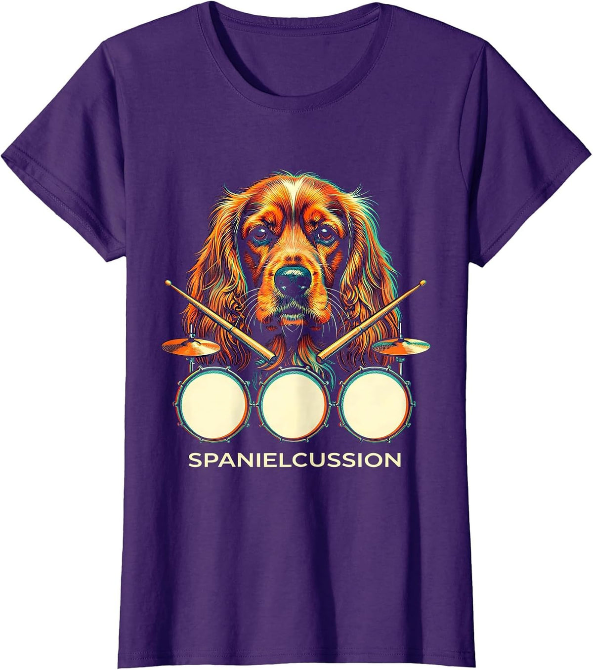 Women's Spanielcussion Risograph Cocker Spaniel Pet Drummer Rock T-Shirt - Purple