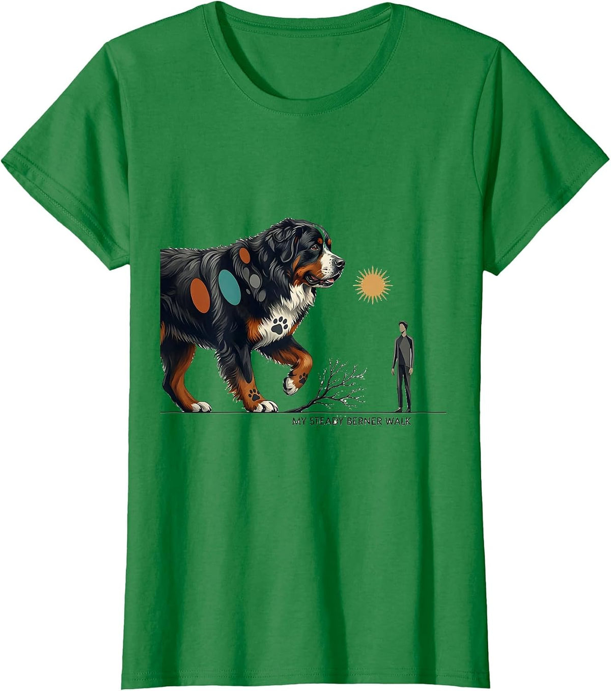 Women's My Steady Berner Walk Midcentury Modern Bernese Mountain Dog T-Shirt - Kelly Green