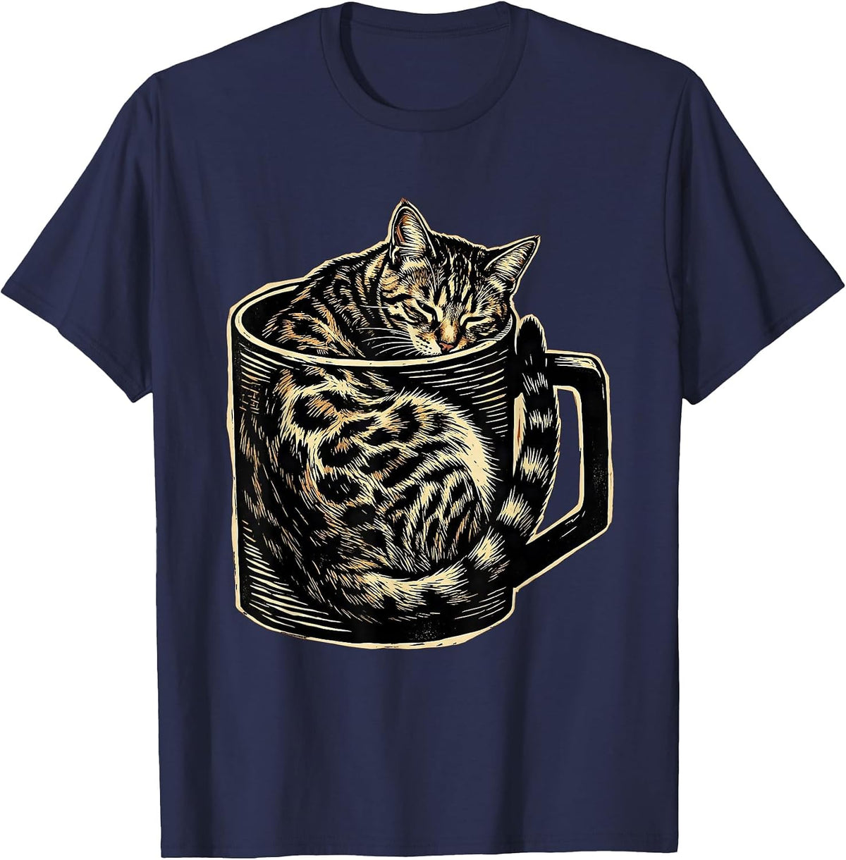 Men's Bengal Cat Curled in Coffee Mug Cute Cozy Design T-Shirt - Navy Blue