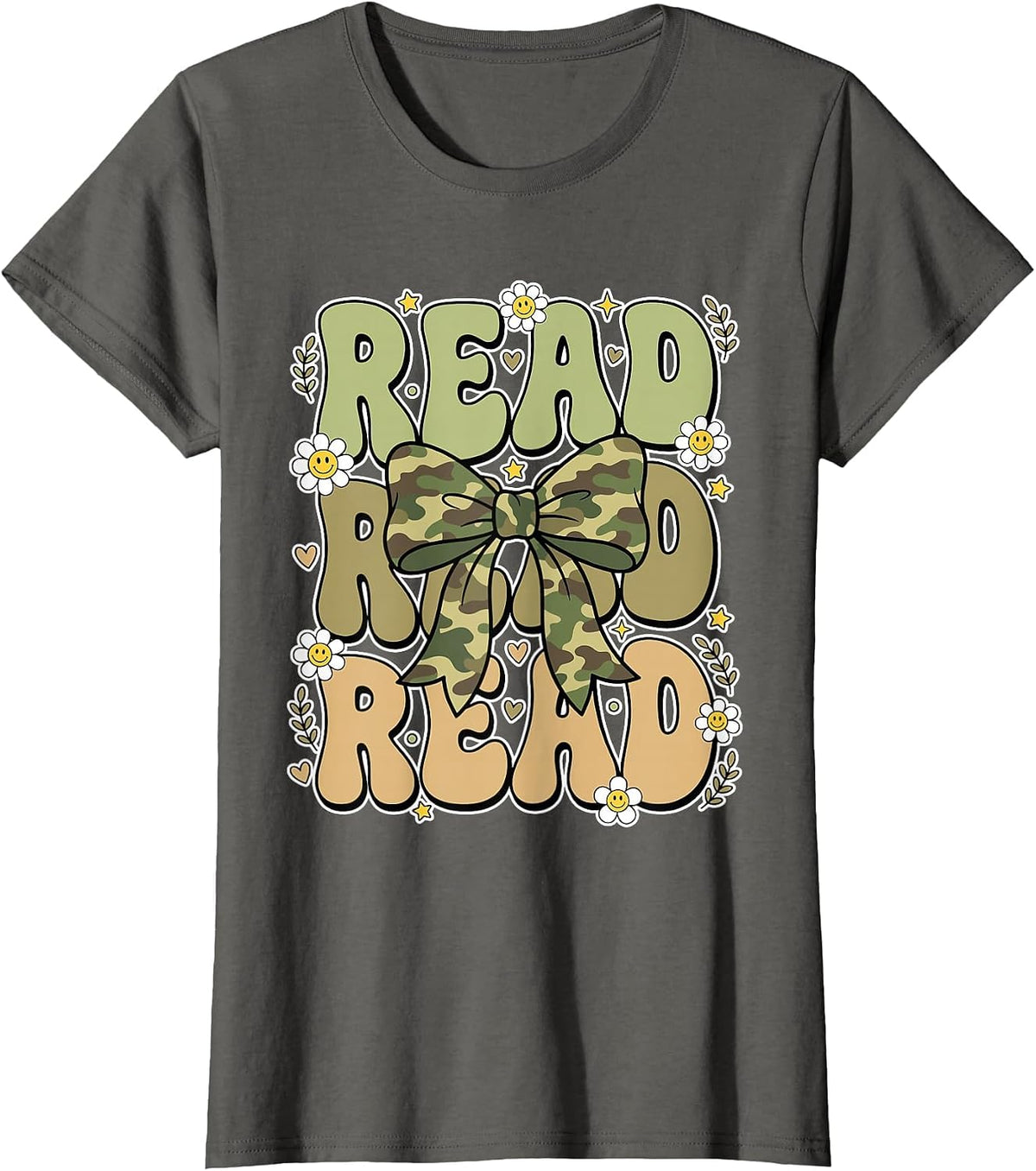 Read Camo Bow Groovy Teacher Librarian Book Lover T-Shirt - Asphalt Grey