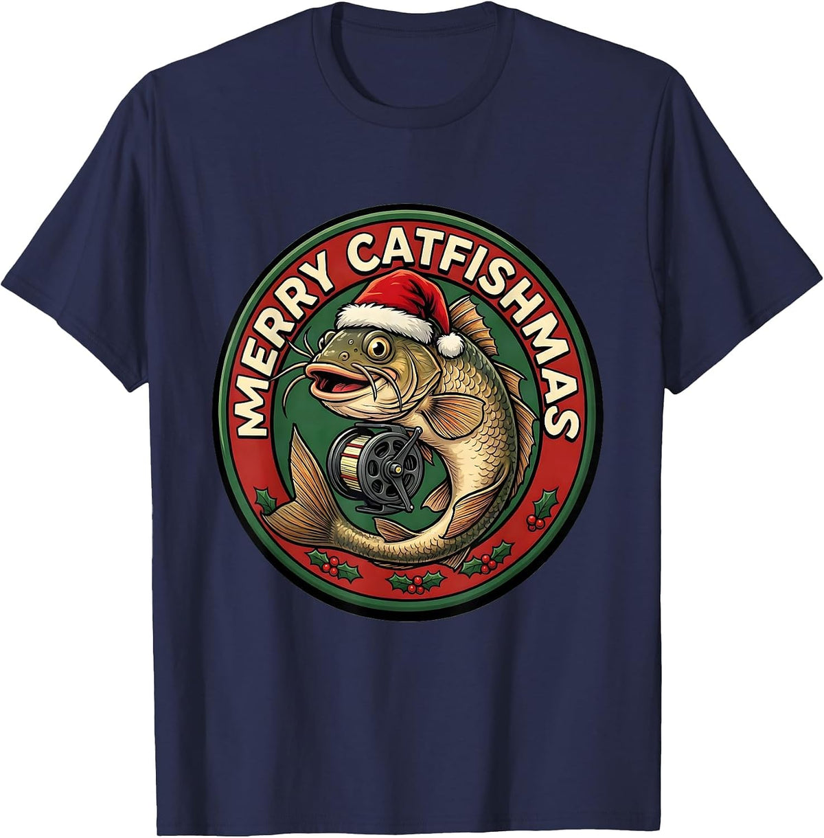 Men's Merry Catfishmas Funny Fishing Christmas Ugly Sweater Dad T-Shirt - Navy Blue