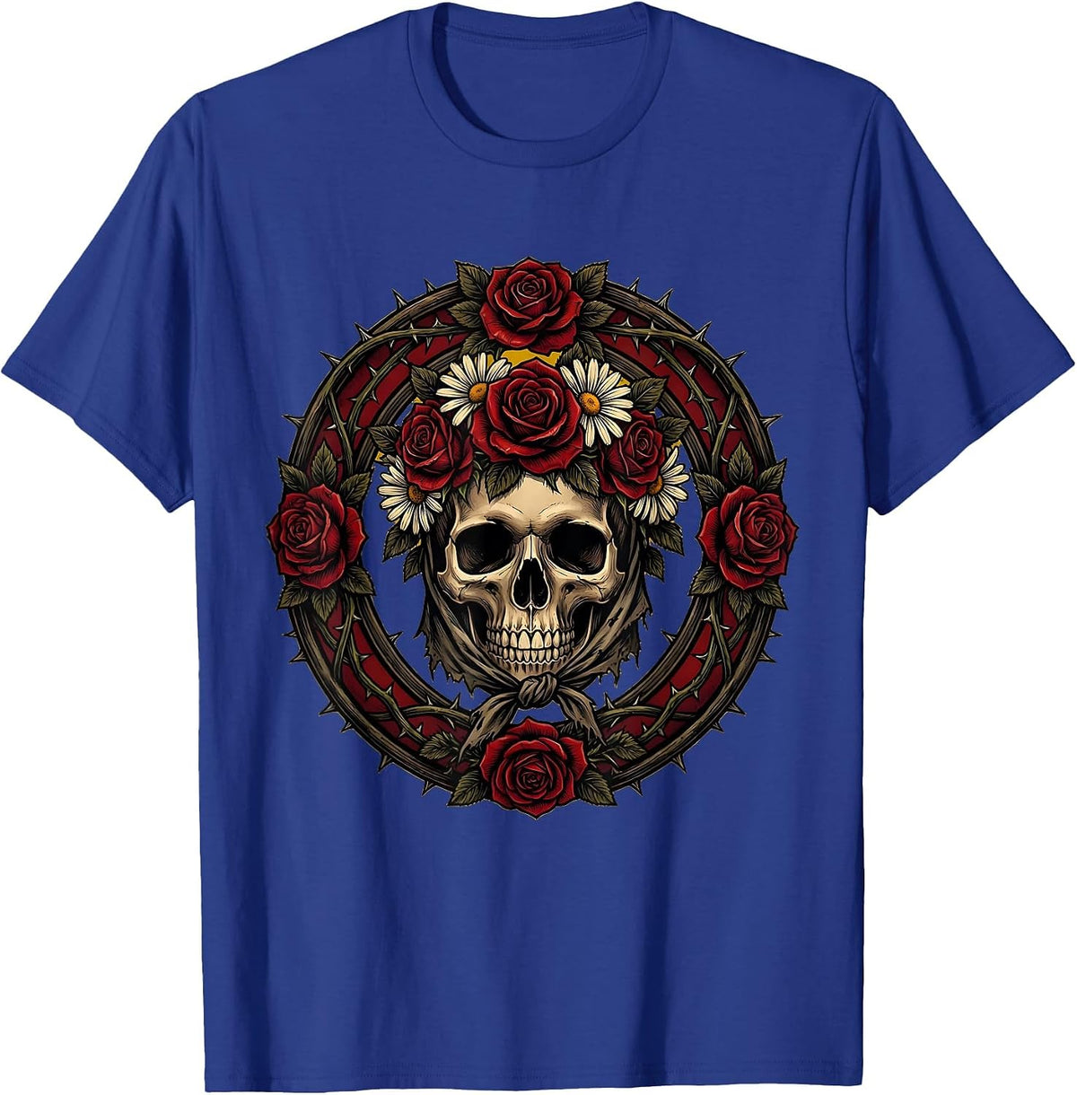 Grunge Skull Flower Crown and Torn Bandana Design T-Shirt - Royal Blue