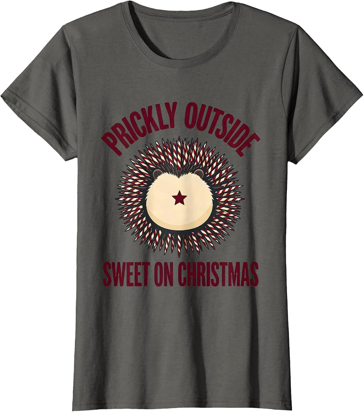 Women's Prickly Outside Sweet On Christmas Cute Hedgehog Holiday T-Shirt - Asphalt Grey