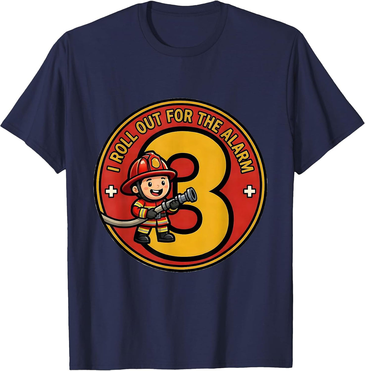 I Roll Out For The Alarm — 3 Cartoon Firefighter Toddler Boy T-Shirt - Navy Blue